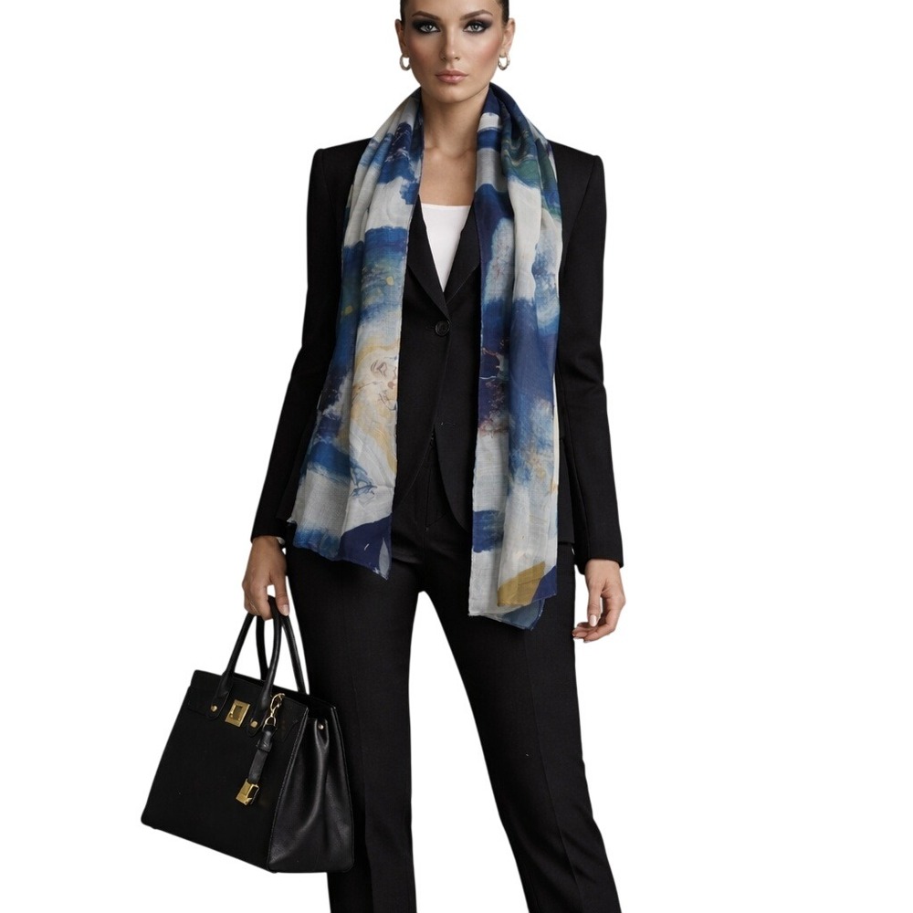 Claudia Doring Baez Blue Abstract Cashmere Modal Oblong Scarf